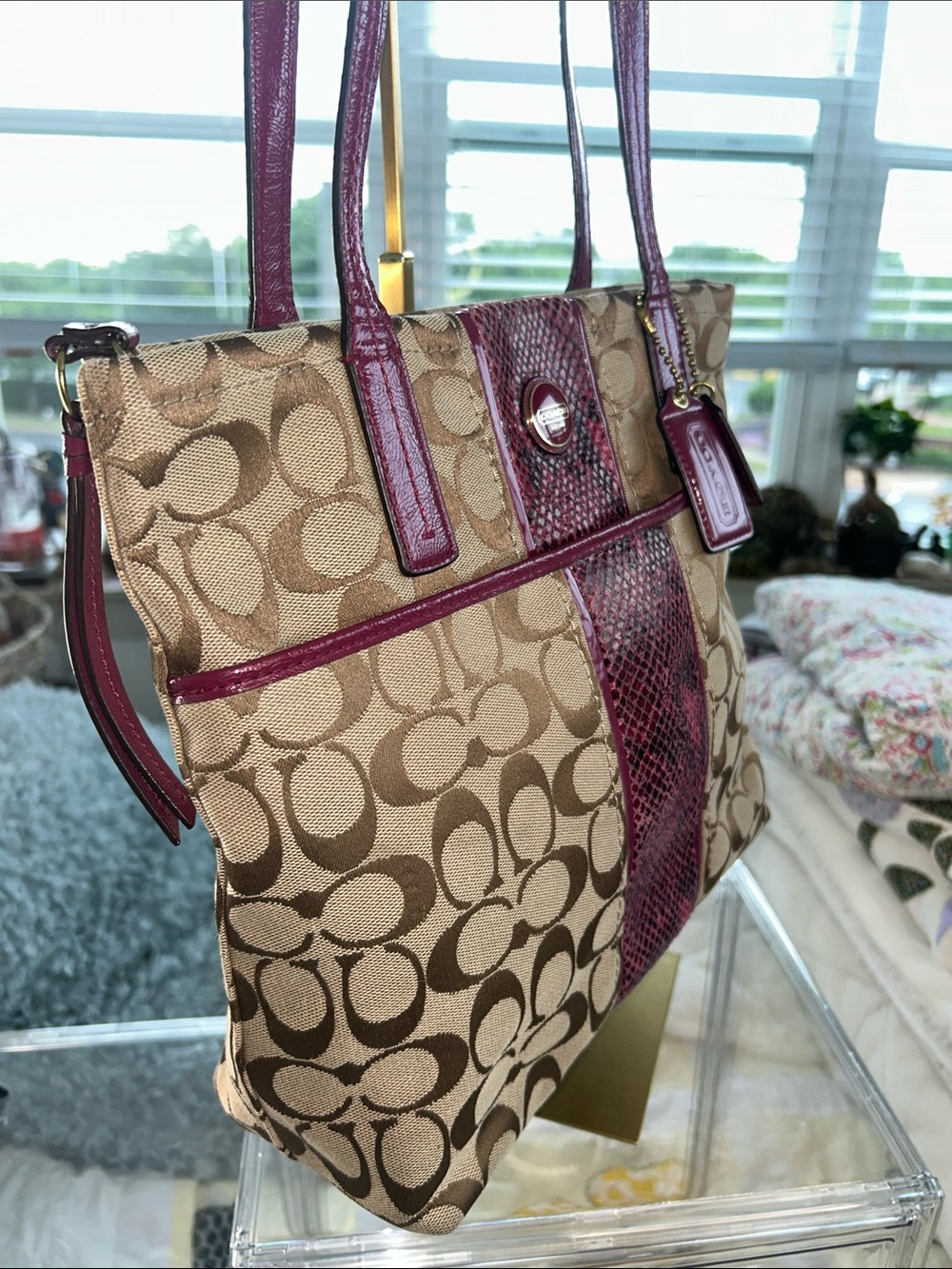 Coach Tan Signature Tote with Plum Patent Python Stripe 10.5”x 3.5”x 10.75” EUC - Picture 3 of 8